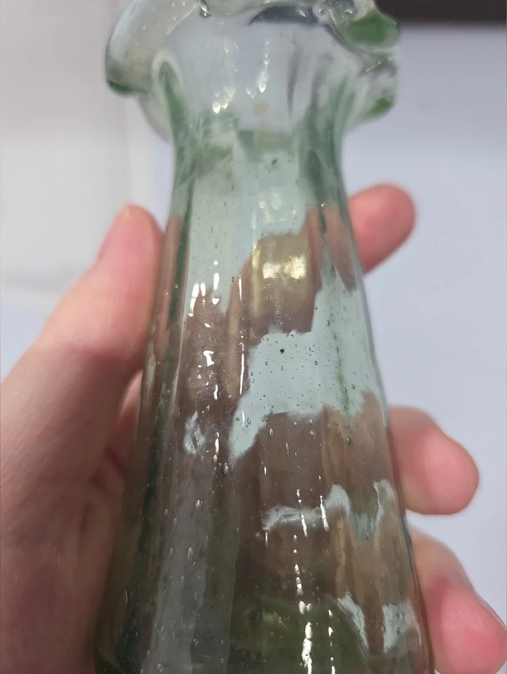 Vintage 19th Century Green Glass Bud Vase Hand Blown Bubbles
